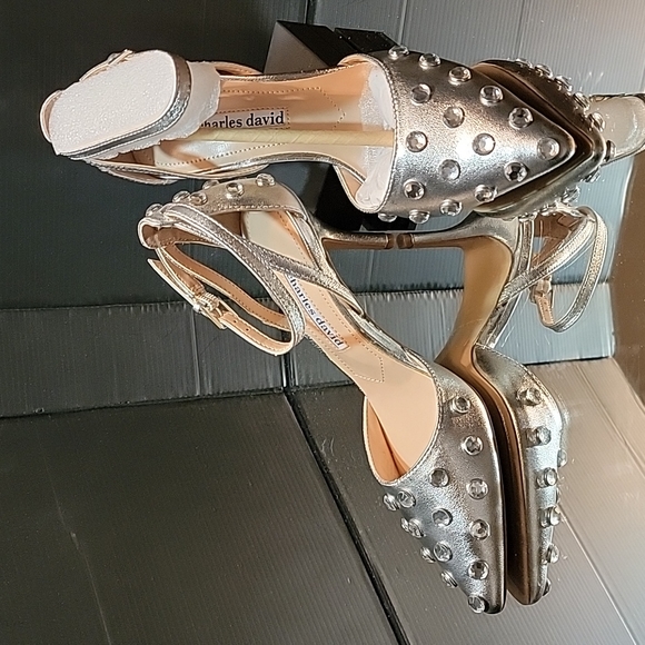 NWB Charles David , silver w/ rhinestones sz 5 kitten heels and ankle buckles - Picture 1 of 8